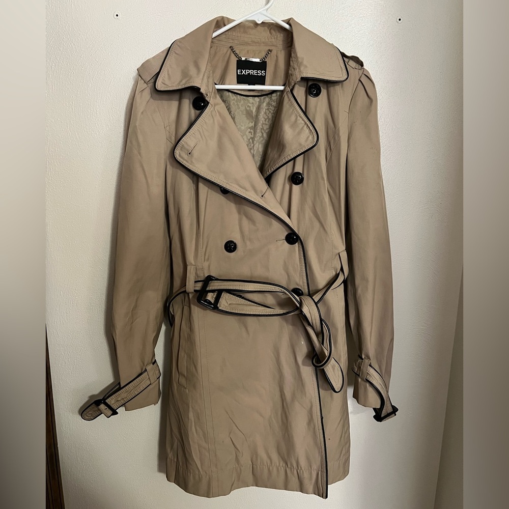EXPRESS Classic Double Breasted Belted Trench Coat Tan Black Trim Women's Size L